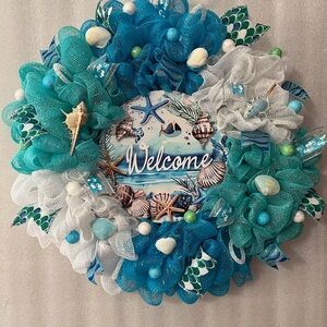 Coastal Welcome Wreath with Blue and White Accents